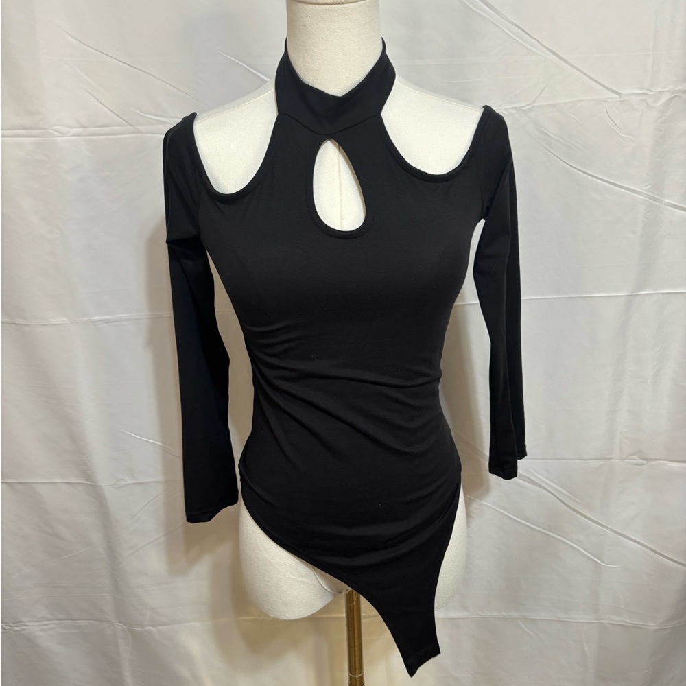 A3 Design Black Cutout Halter Long Sleeve Bodysuit Small Y2K